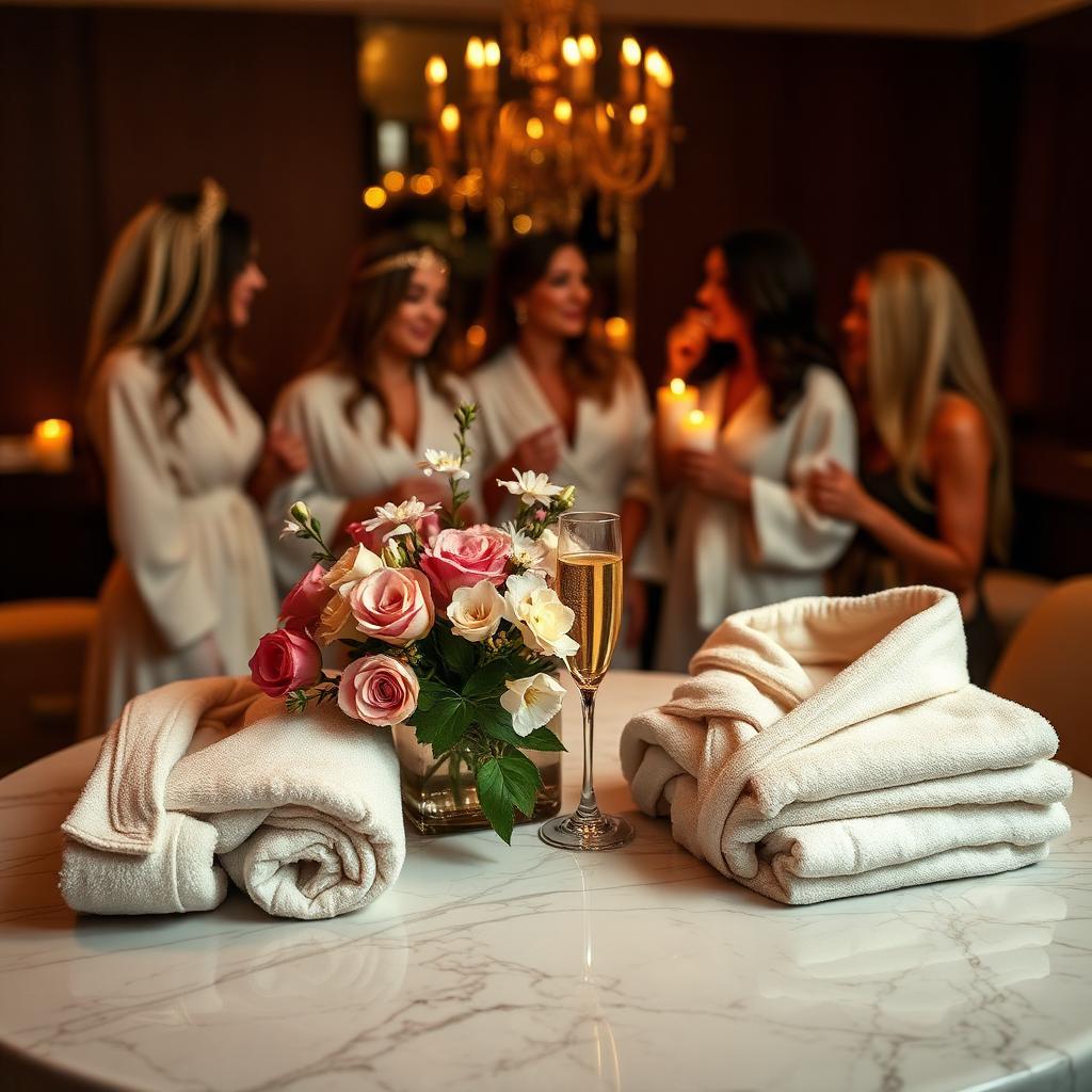 Cream spa robes, champagne flute and fresh flowers on marble for a luxury pamper party